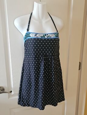 Beach house swimsuit polkadots blue black white soft flattering style size 14